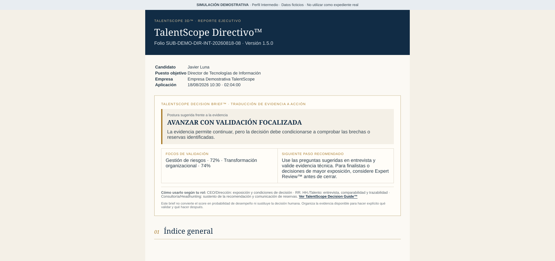 Captura de un Reporte Automático TalentScope 3D con datos de demostración